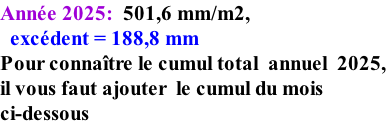 Année 2025:  501,6 mm/m2,     excédent = 188,8 mm Pour connaître le cumul total  annuel  2025,  il vous faut ajouter  le cumul du mois  ci-dessous