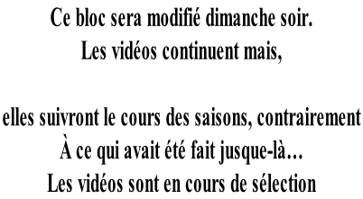 Ce bloc sera modifié dimanche soir. Les vidéos continuent mais,   elles suivront le cours des saisons, contrairement  À ce qui avait été fait jusque-là… Les vidéos sont en cours de sélection